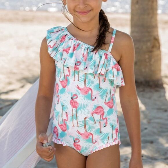 Ruffle Butts One Shoulder Ruffle One Piece‎ Vibrant Flamingo 4T NWT in packaging - Picture 1 of 9